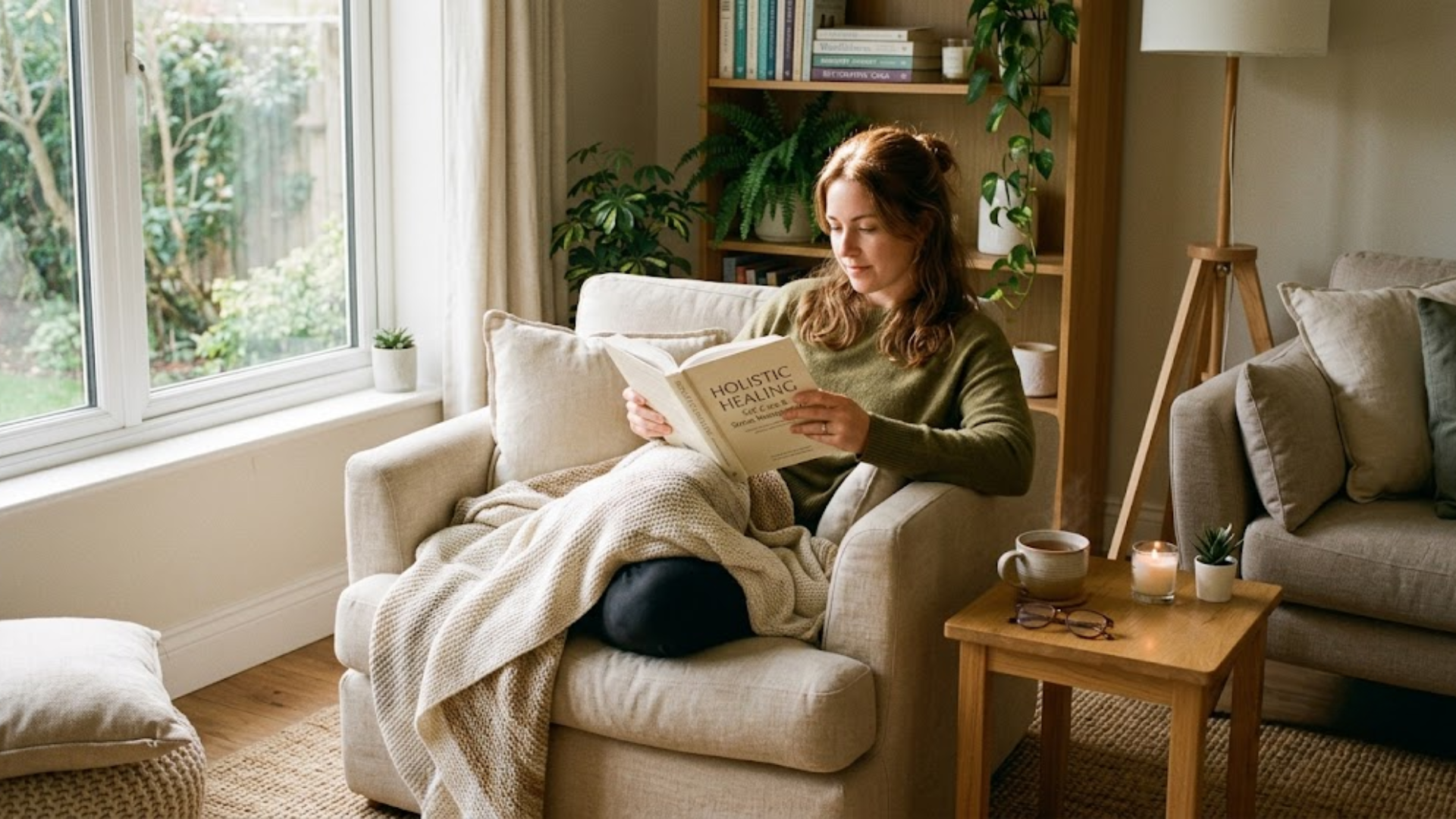 Person reading a wellness book in a quiet home setting