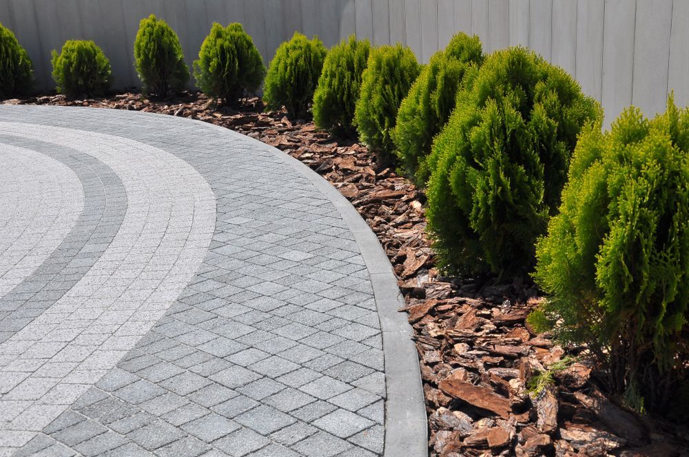 A brick driveway with a few bushes on the side of it