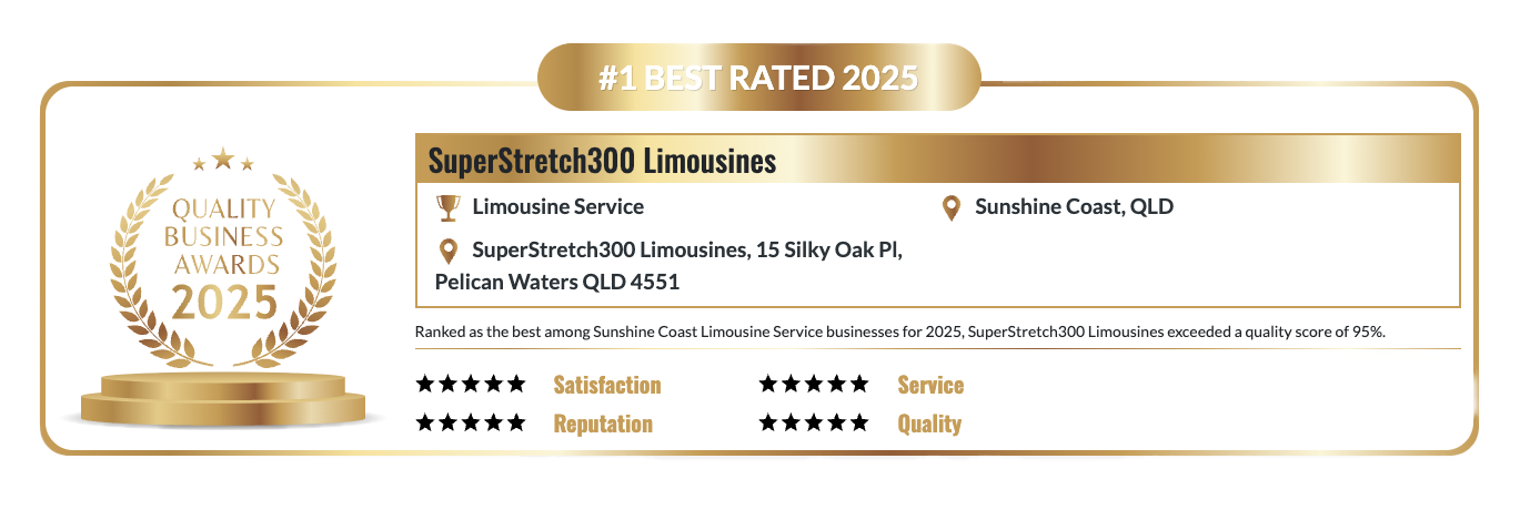 Award badge for SuperStretch 300 Limousines. Displays rating for service, reputation and quality β Superstretch300 Limousines In Mooloolaba, QLD