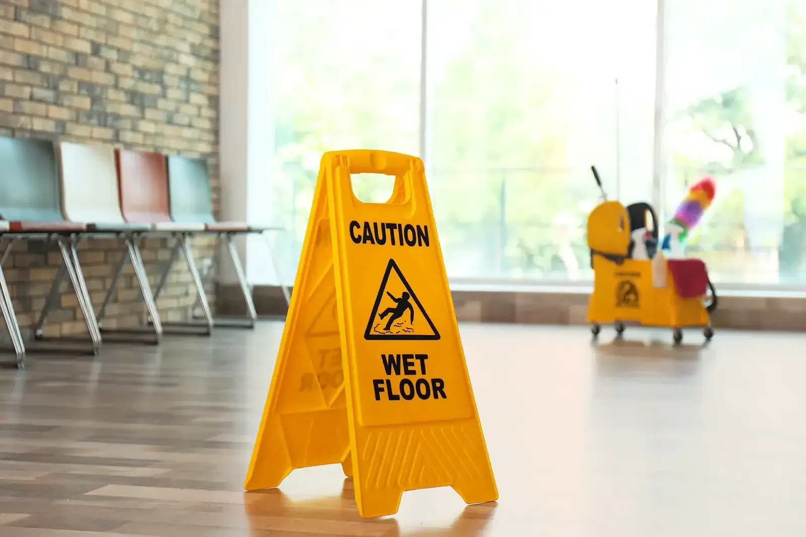 A yellow wet floor sign is sitting on a wooden floor in a room.