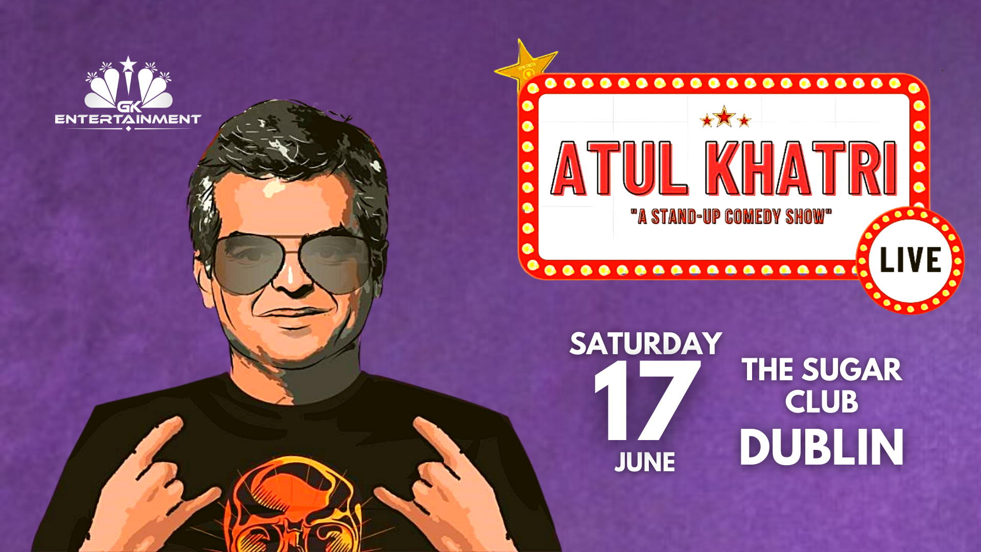 Poster for Atul Khatri Live in Dublin, featuring the comedian's photo and details about the show