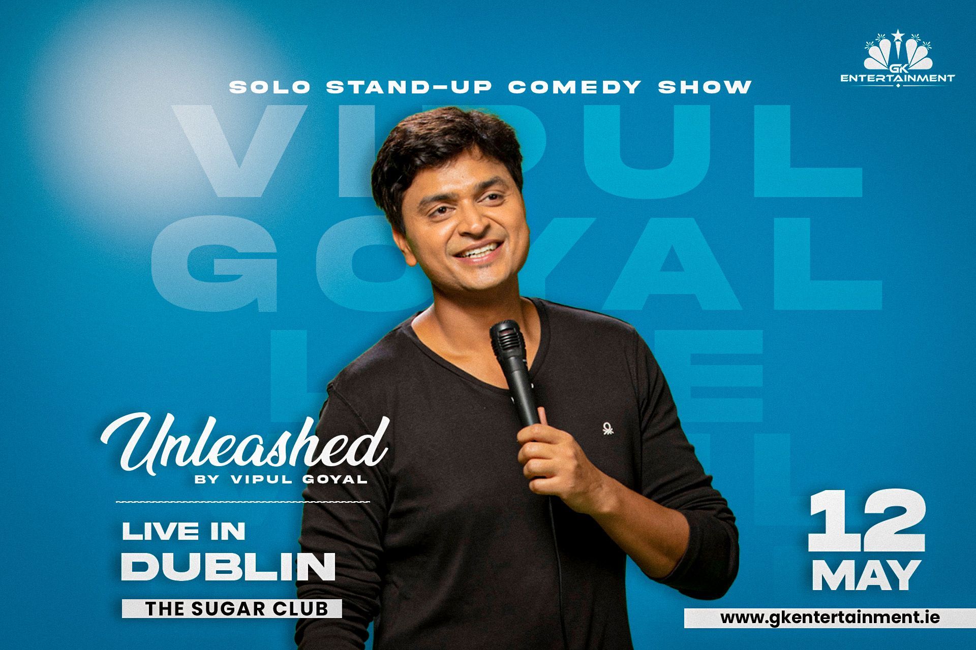 Vipul Goyal performing live stand-up comedy at the Laughter Lounge Dublin on May 11, 2025. Book tickets now for his hilarious new show, Unleashed! Tickets available online at GK Entertainment or Laughter Lounge websites.