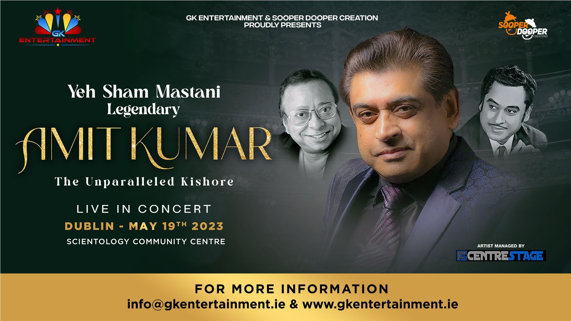 Image of Amit Kumar's concert poster featuring his name, date, time, and venue of the concert in Dub