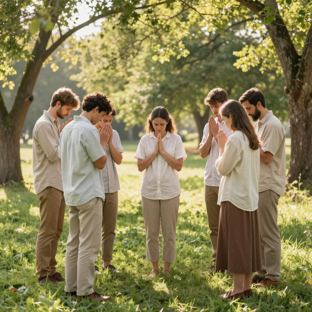 group of men and women standing in a circle praying