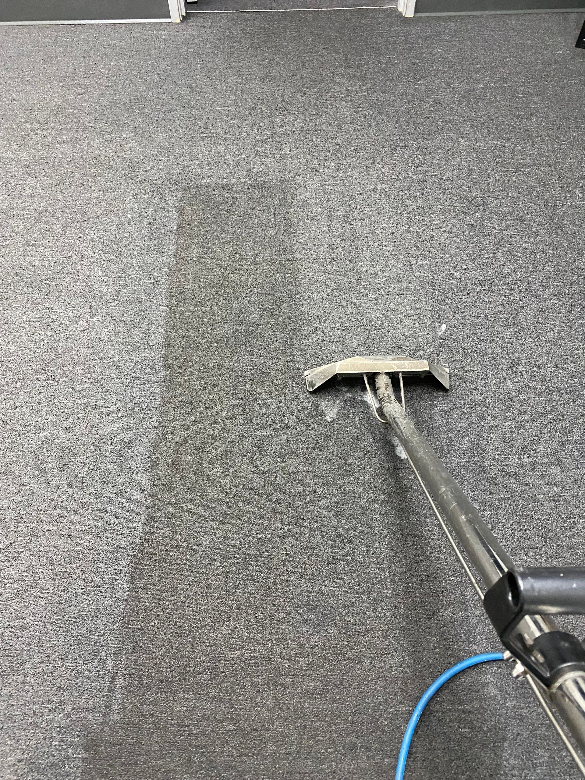 A vacuum cleaner is cleaning a carpet in a room.
