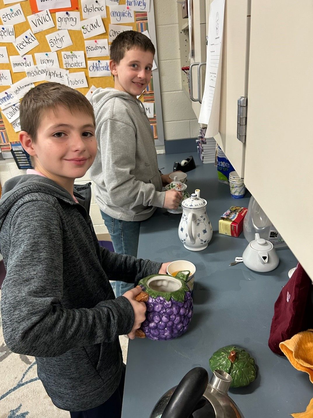 6th graders enjoying hot tea on a cold day
