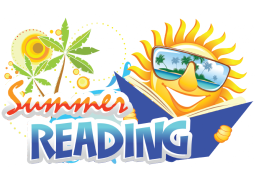 graphic of a sun reading a book with words stating Summer Reading
