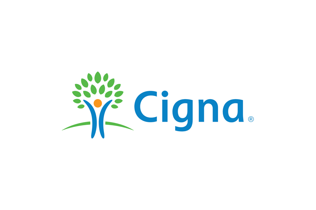Cigna logo: Blue tree with person inside, green leaves, and blue text "Cigna" on white background.