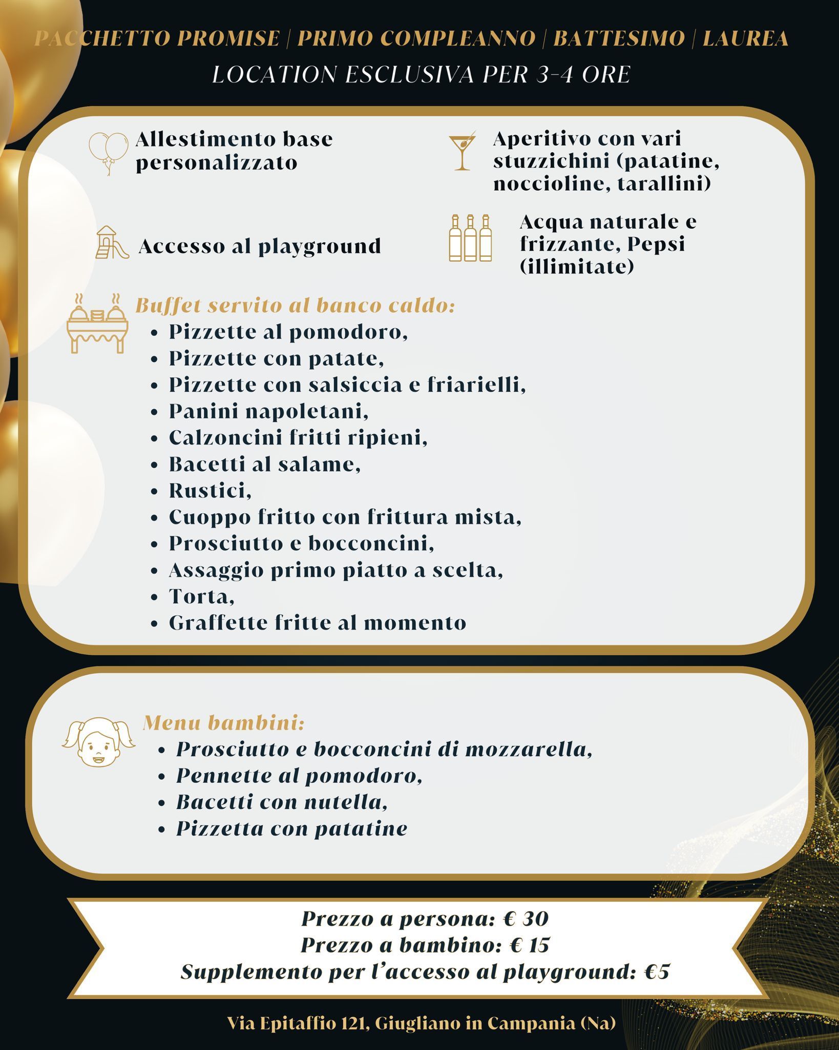 Menù per eventi con pacchetti per feste, opzioni a buffet, menu per bambini e dettagli sui prezzi, su sfondo oro e nero.