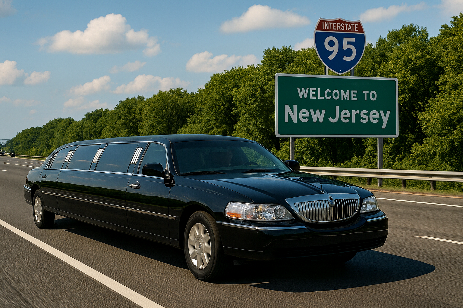 Black limousine on a highway, approaching a 