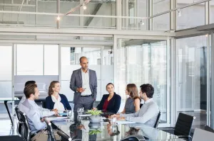 Business meeting: A bald man presents at a conference table with six colleagues in a bright office.