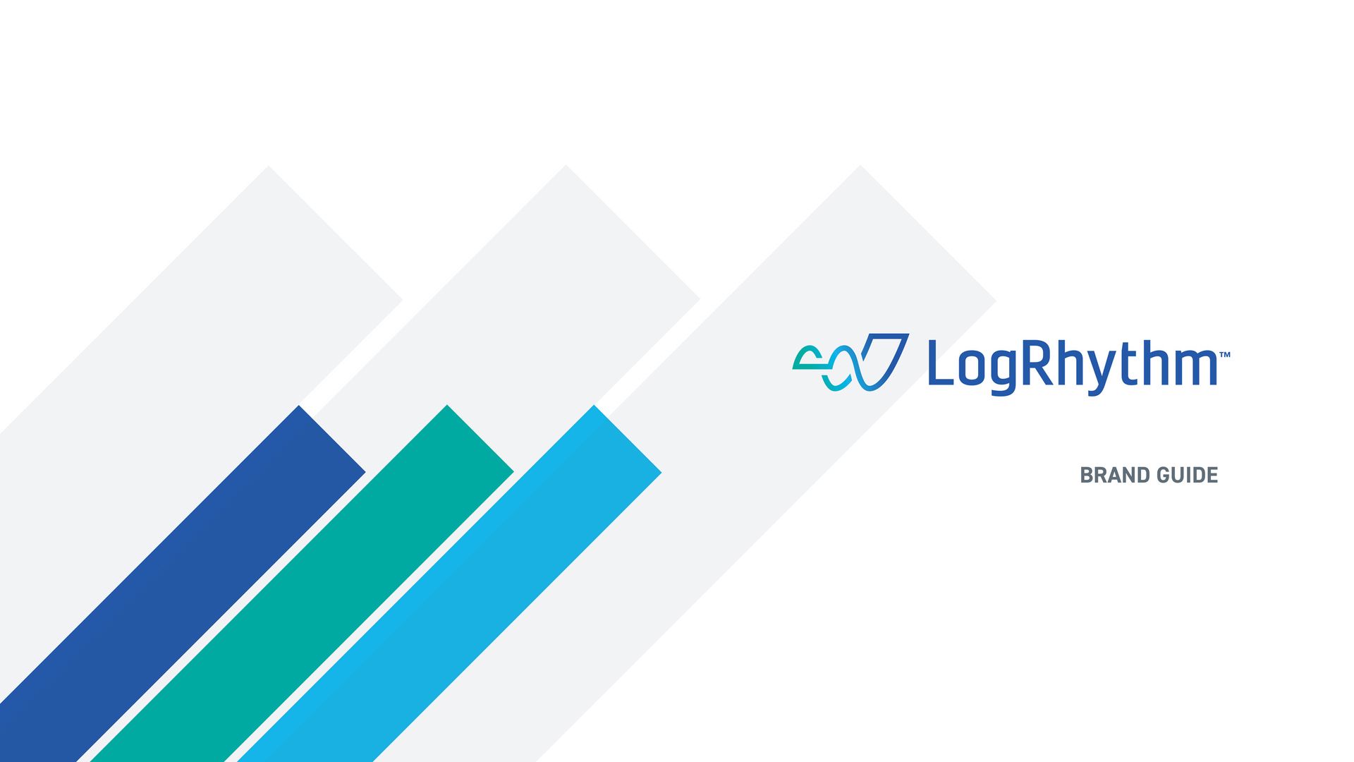 A logo for logrhythm with blue and white lines on a white background.