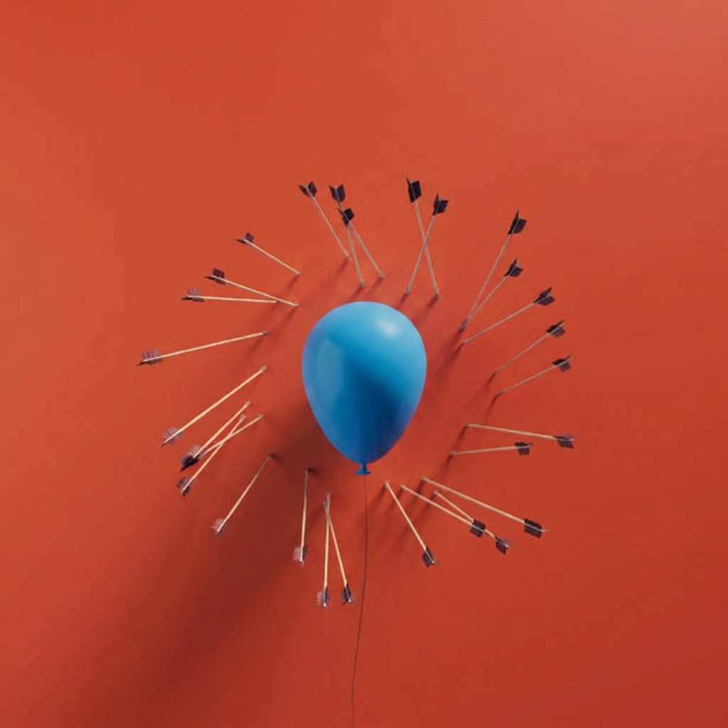 Blue balloon pinned by many needles against a red background