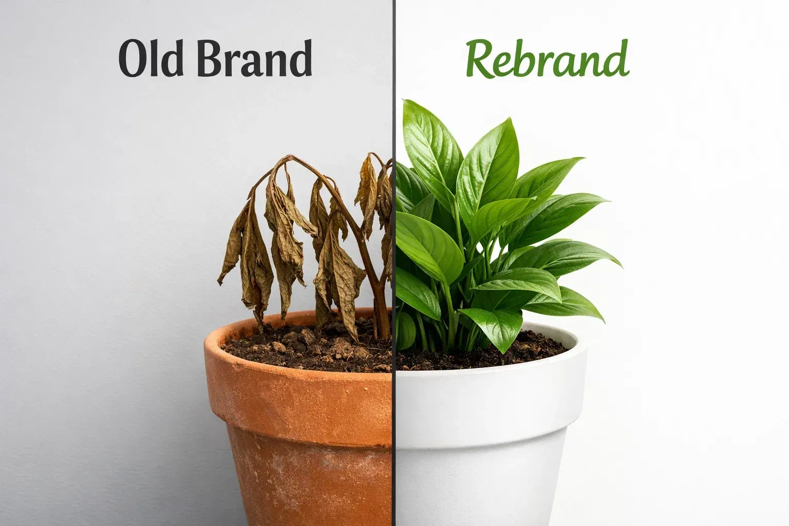 Half dead, half thriving plant in a pot, labeled 