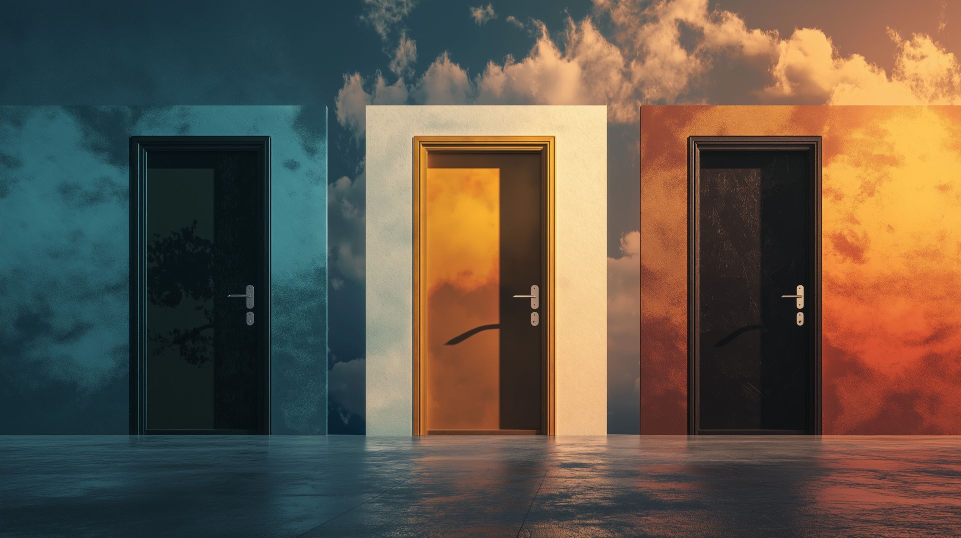 Three doors are standing next to each other in front of a cloudy sky.