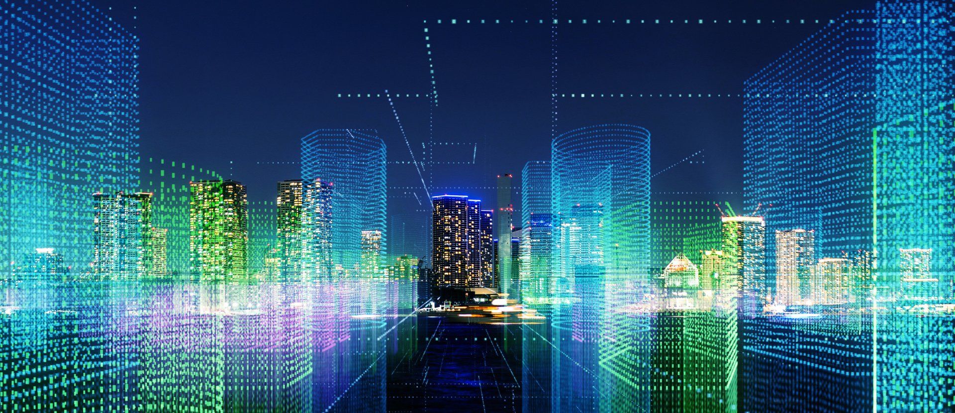 It looks like a futuristic city with lots of buildings and a lot of lights.