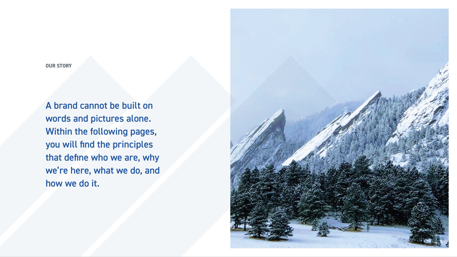 A picture of a snowy mountain with trees in the foreground and a quote in the background.