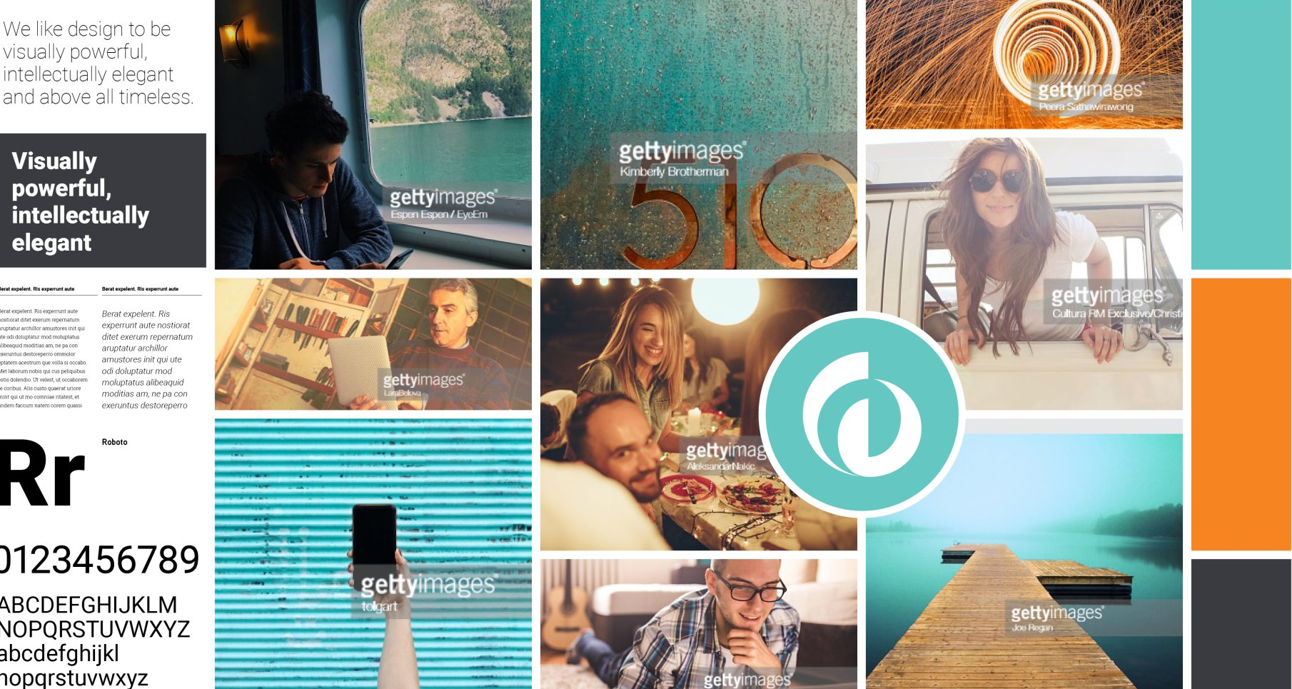 A collage of pictures of people and a dock with a circle in the middle.