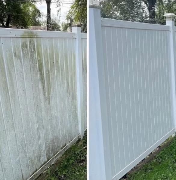 Before-and-after view of a white vinyl fence, stained on the left and freshly cleaned on the right.