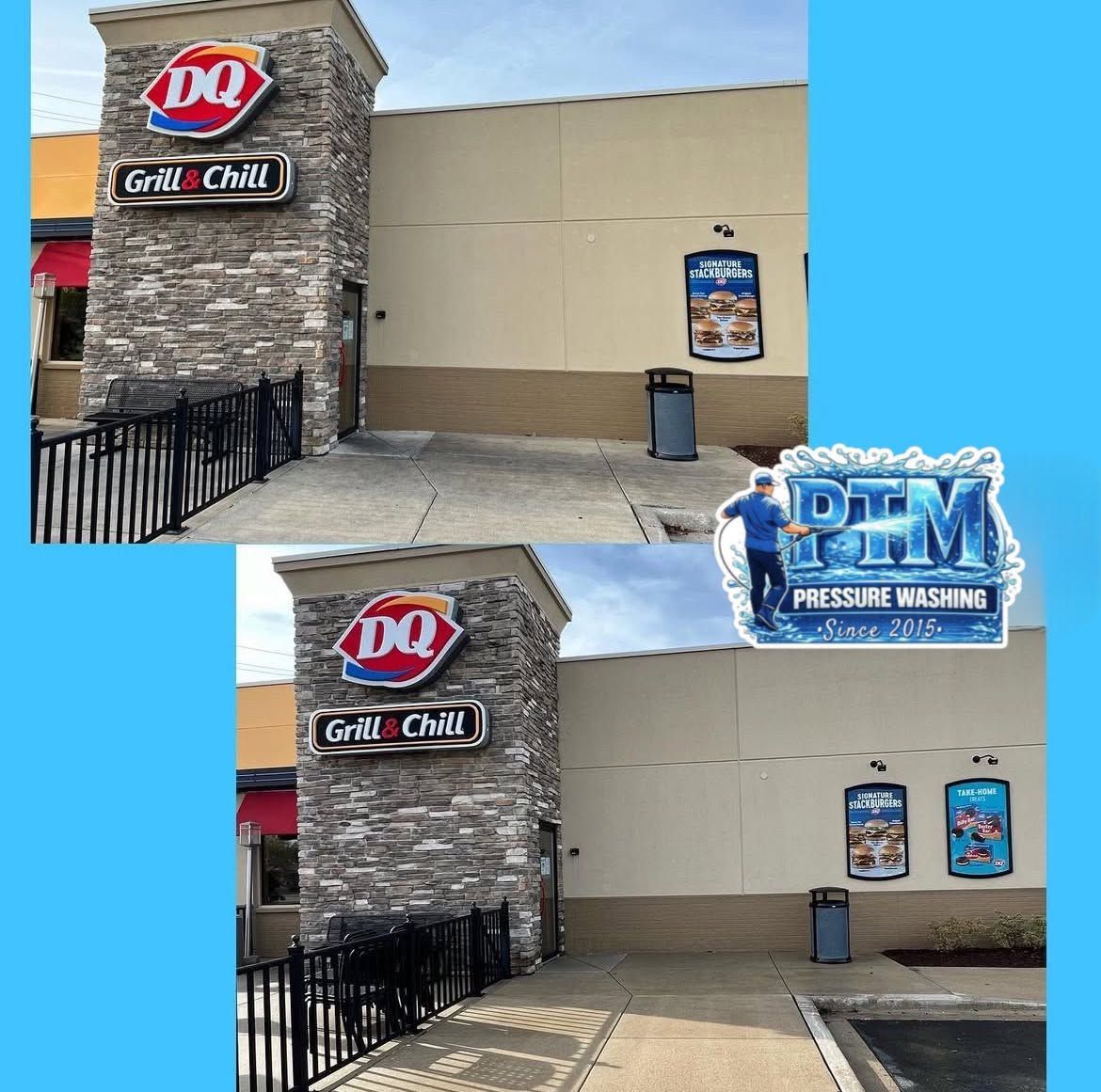 Before-and-after view of a Dairy Queen Grill & Chill storefront with a cleaned tan wall and stone entrance.