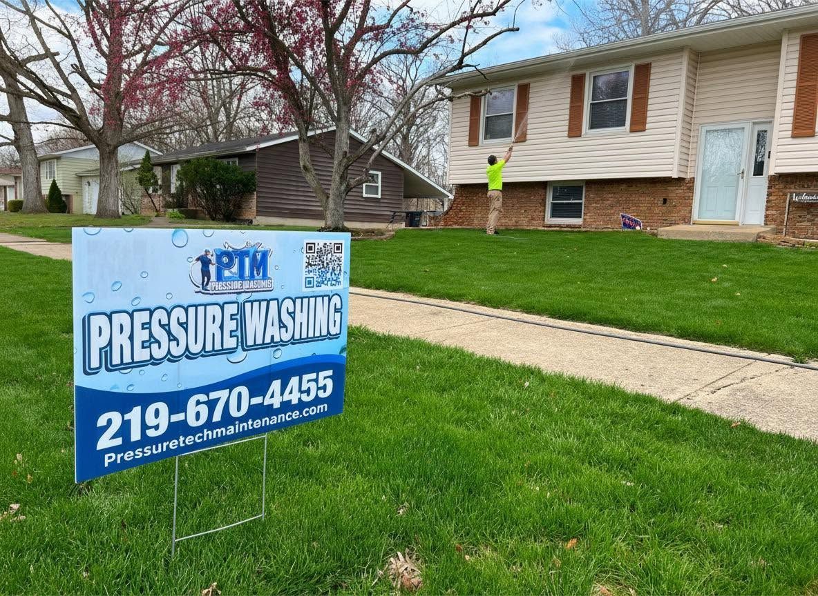 Lawn sign for Pressure Washing in front of a suburban house with a person walking nearby
