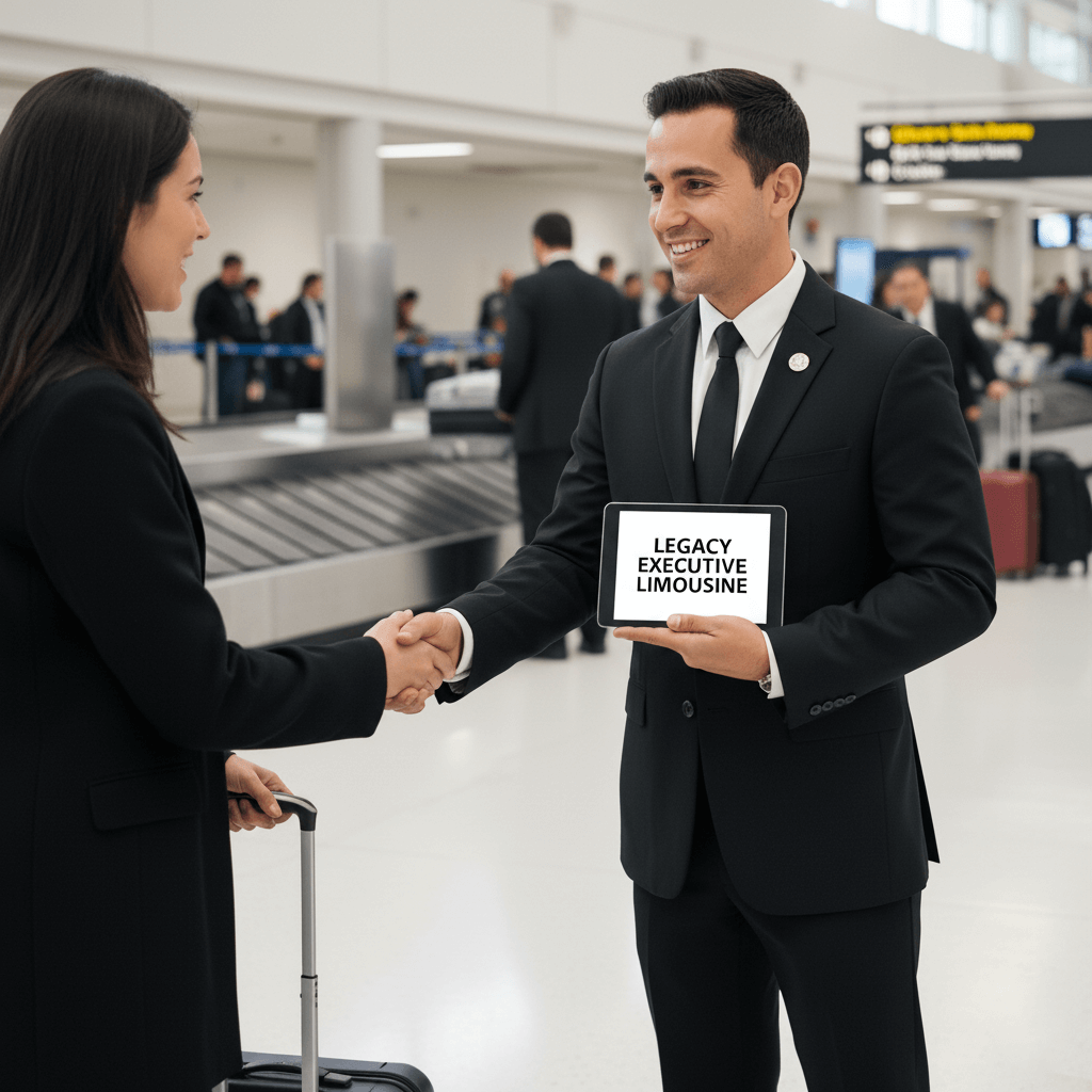 Man in black suit greets woman at Chicago airport baggage claim, holding sign 
