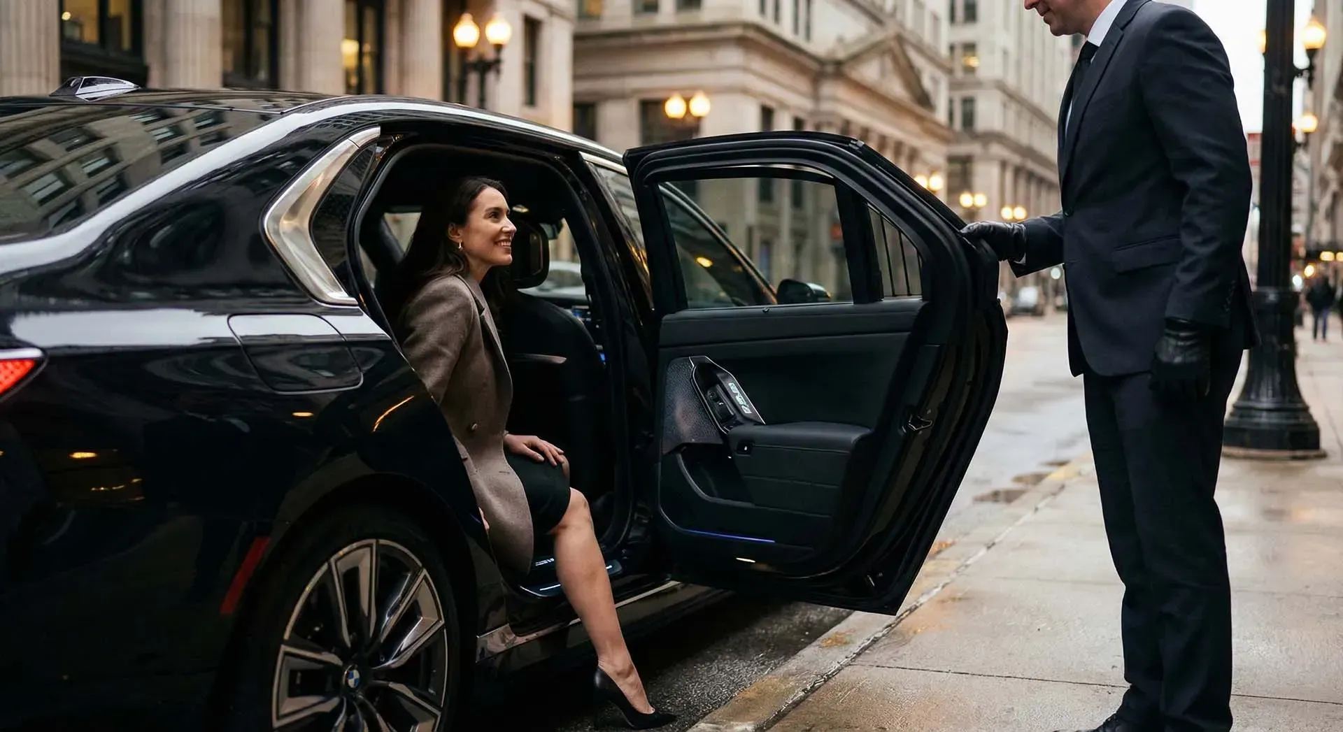 Woman exiting a black sedan; doorman holds open door on city street.