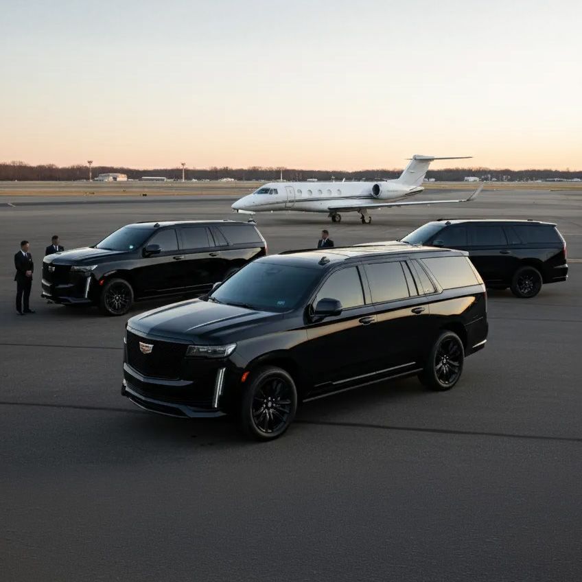Three black Cadillac Escalades on a runway with a private jet. Two men in black suits stand nearby.