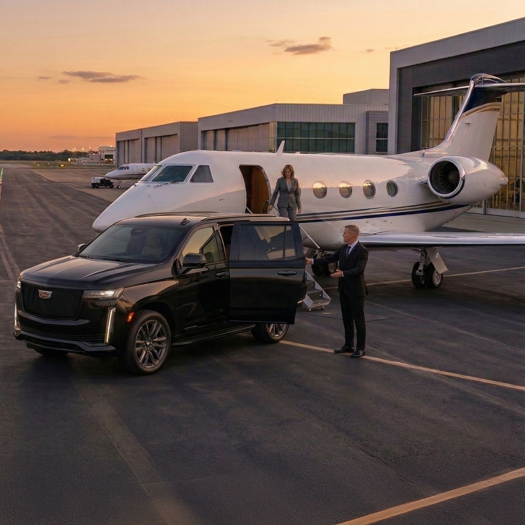 A woman exiting a private jet, greeted by a chauffeur. A black SUV is parked nearby.
