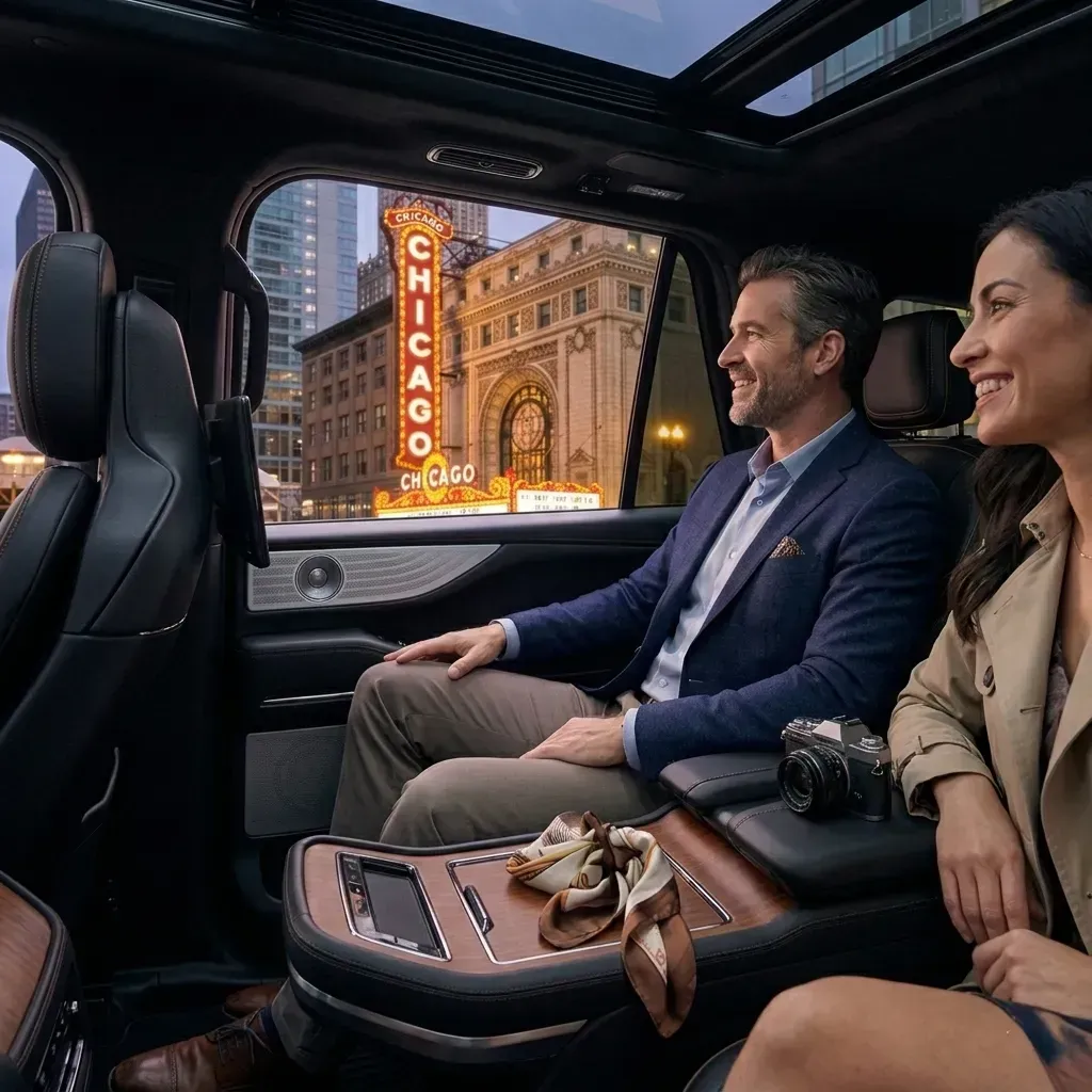 A man and woman sit in the back of a luxury car, smiling as they look out the window at the iconic Chicago Theatre sign.