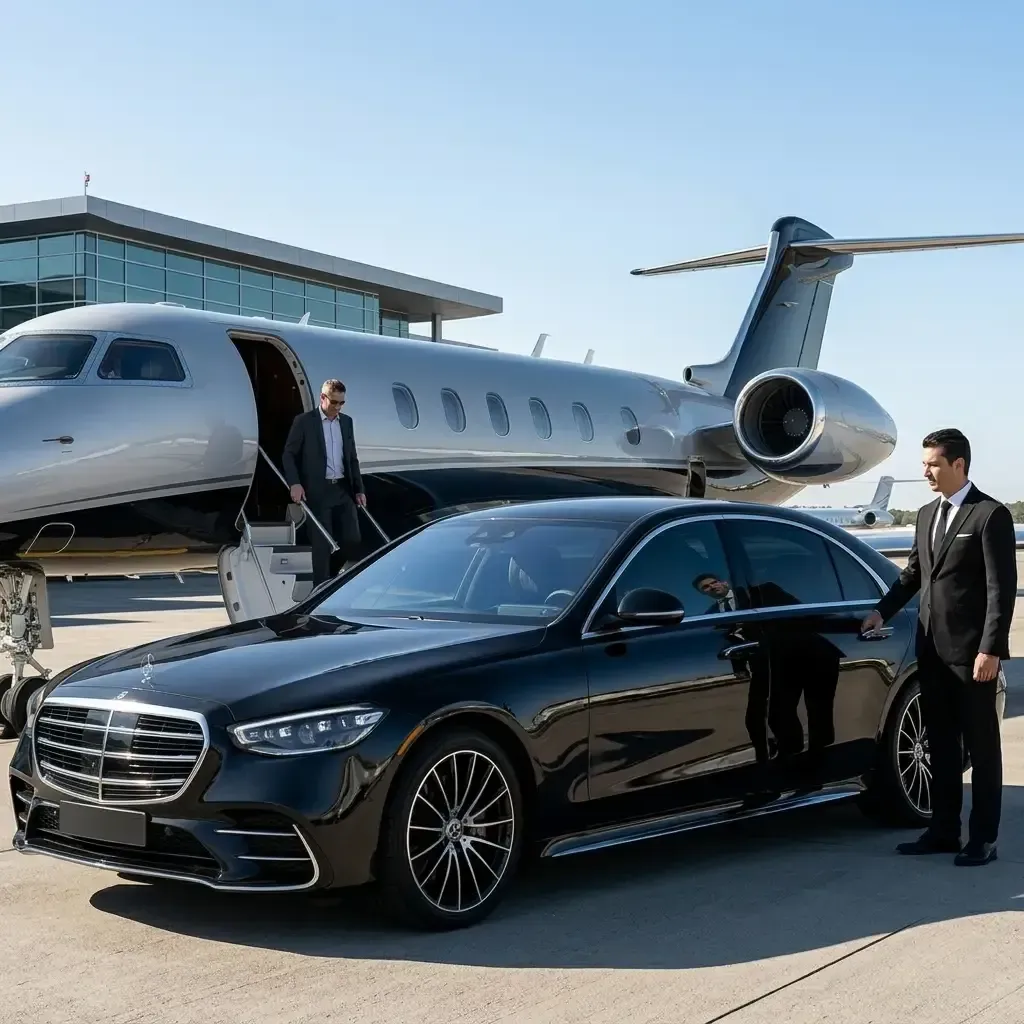 A chauffeur holds the door of a black sedan parked on an airport tarmac next to a private jet.