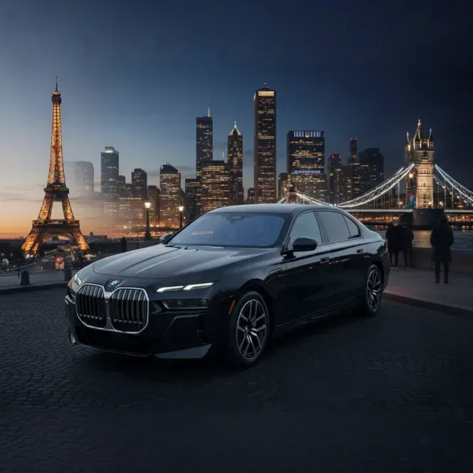 Black BMW sedan parked in front of a city skyline at dusk, including the Eiffel Tower and Tower Bridge.