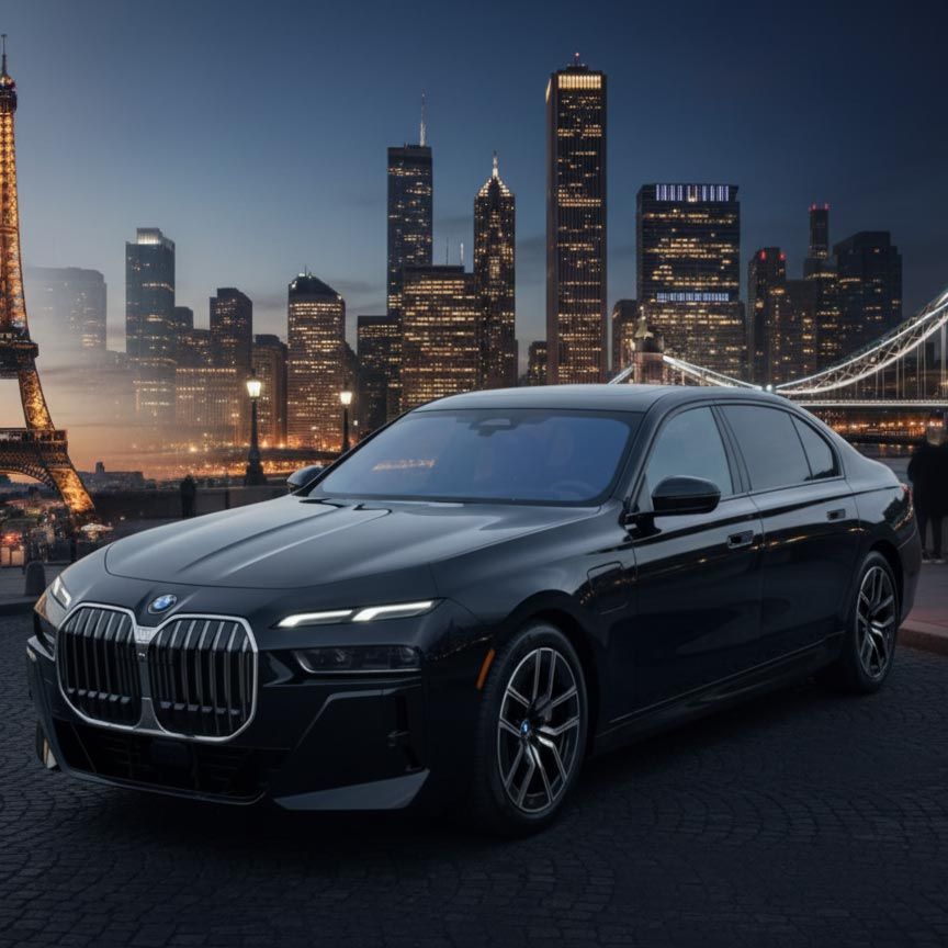 Black BMW sedan parked in front of a cityscape with Eiffel Tower and bridge at dusk.