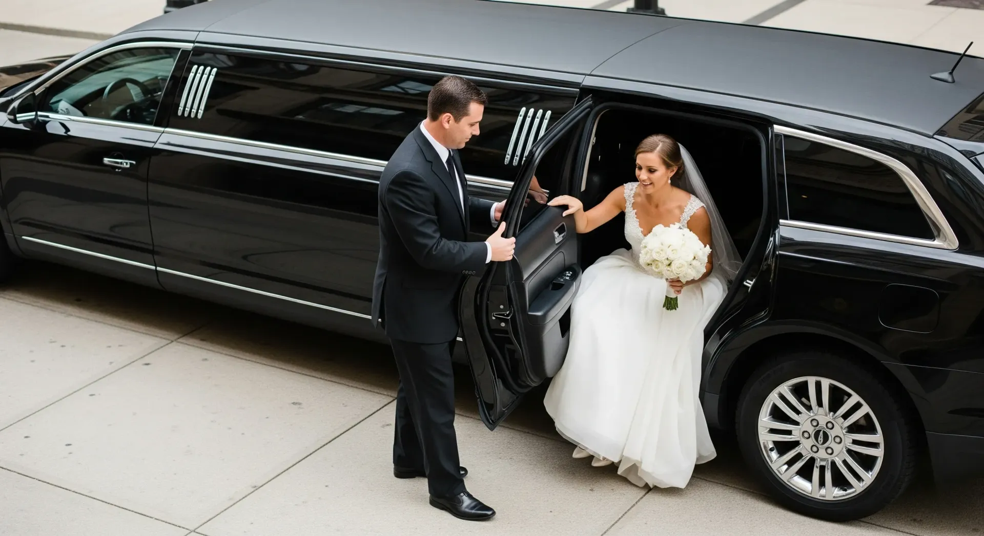 Bride exiting a black limousine; a person in a suit assists.
