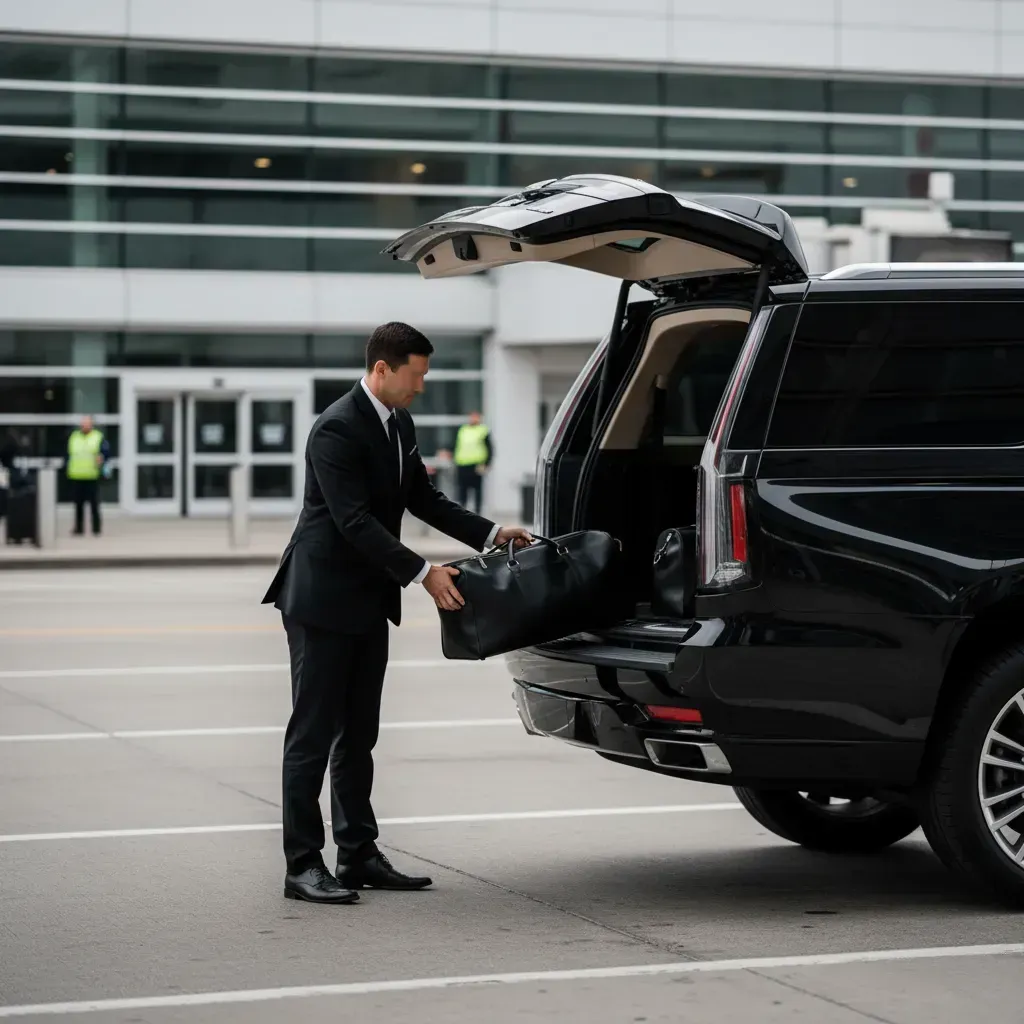 Man in suit loading luggage into the trunk of a black SUV outside an airport.
