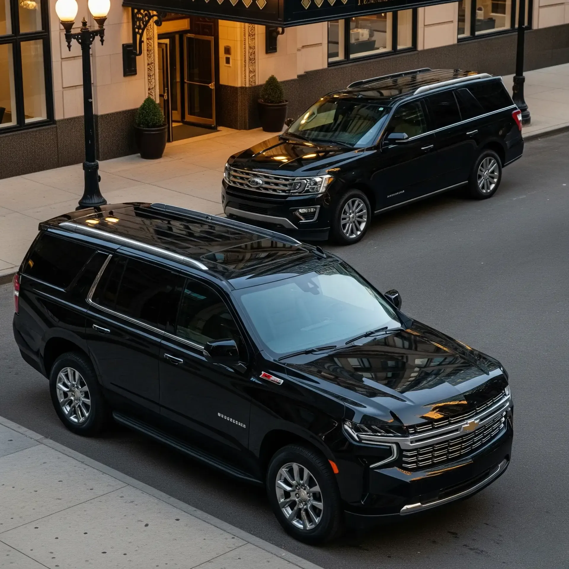 Two black SUVs parked in front of a building with an ornate entrance, streetlamp in view.