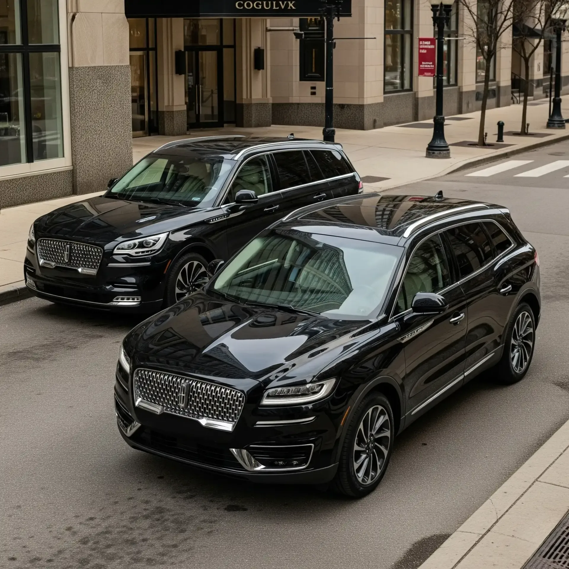 Two black Lincoln SUVs parked on a city street, one in the foreground, the other behind.