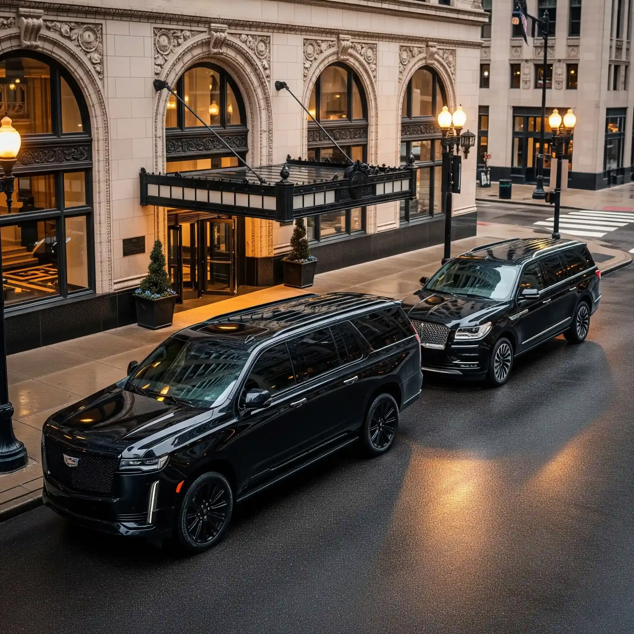 Two black SUVs parked in front of a building with ornate arched entrances. Rainy street.