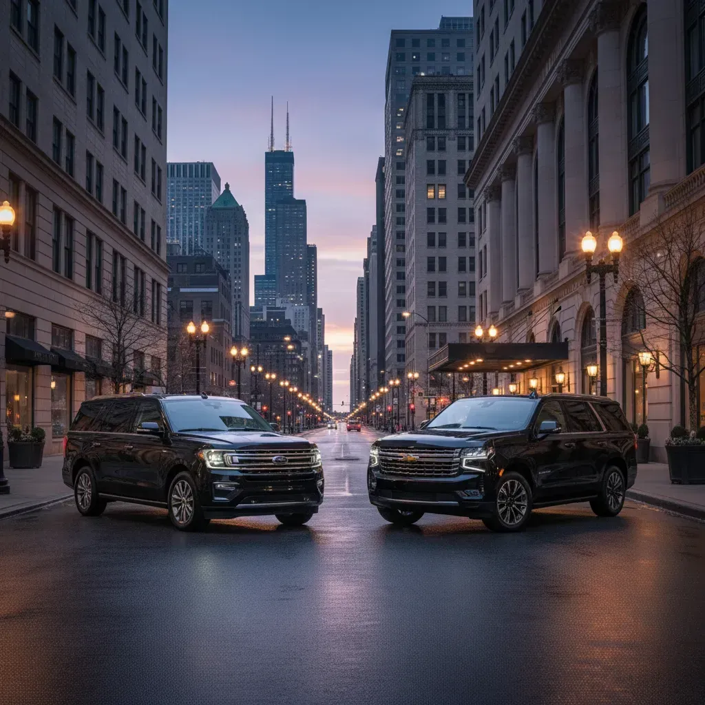 Two black SUVs parked on a wet city street, skyscrapers in the background at dusk.