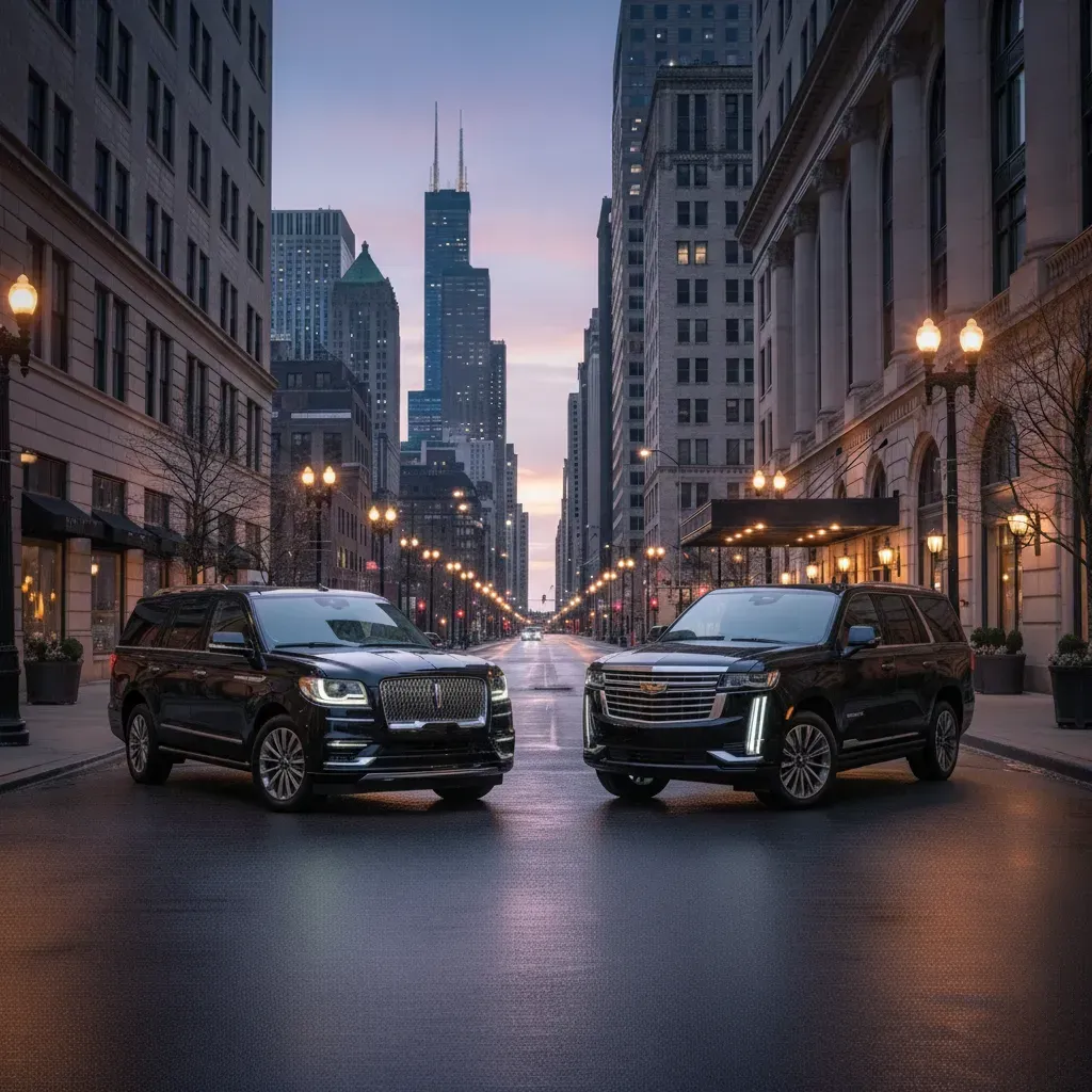 Two black SUVs parked on a city street at dusk, the skyline in the background.