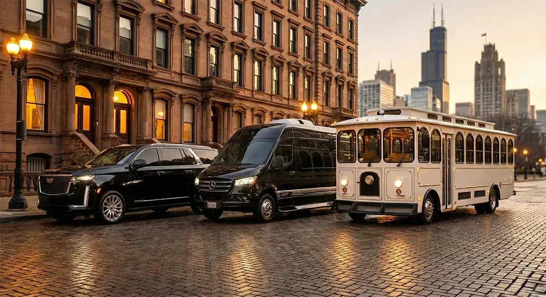Three vehicles: black SUV, black van, and white trolley, on a cobblestone street in Chicago.