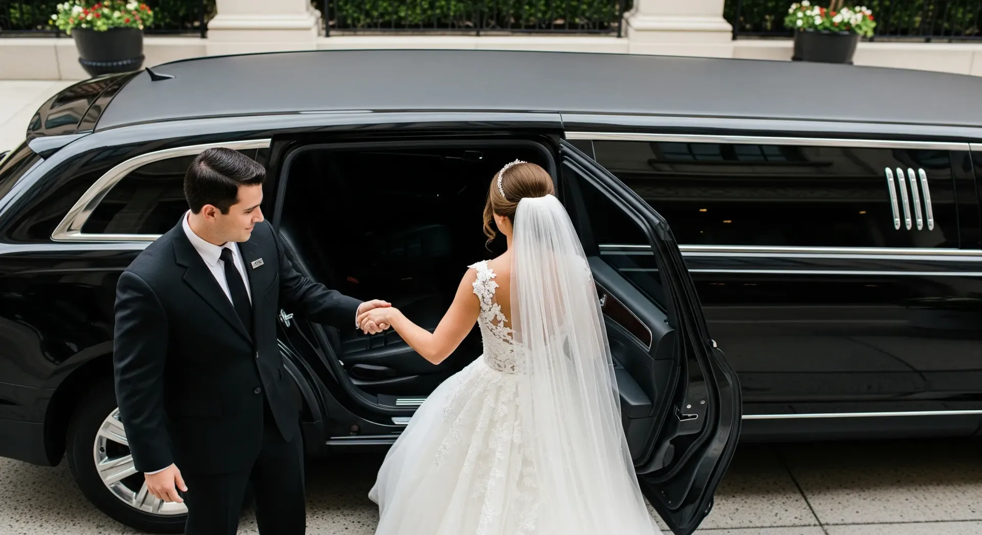 Groom in black suit helps bride in white gown out of a black limousine.