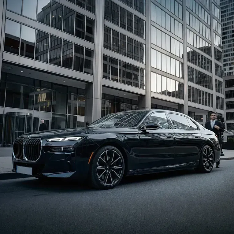 Black BMW sedan parked in front of a modern high-rise building; a person in a suit stands nearby.