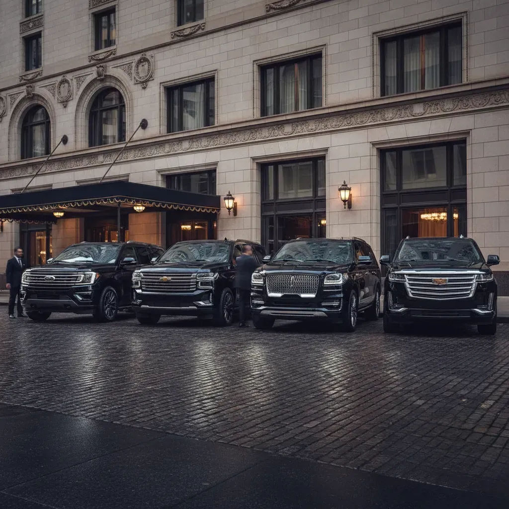 Four black SUVs parked in front of a building with people standing nearby on a cobblestone street.