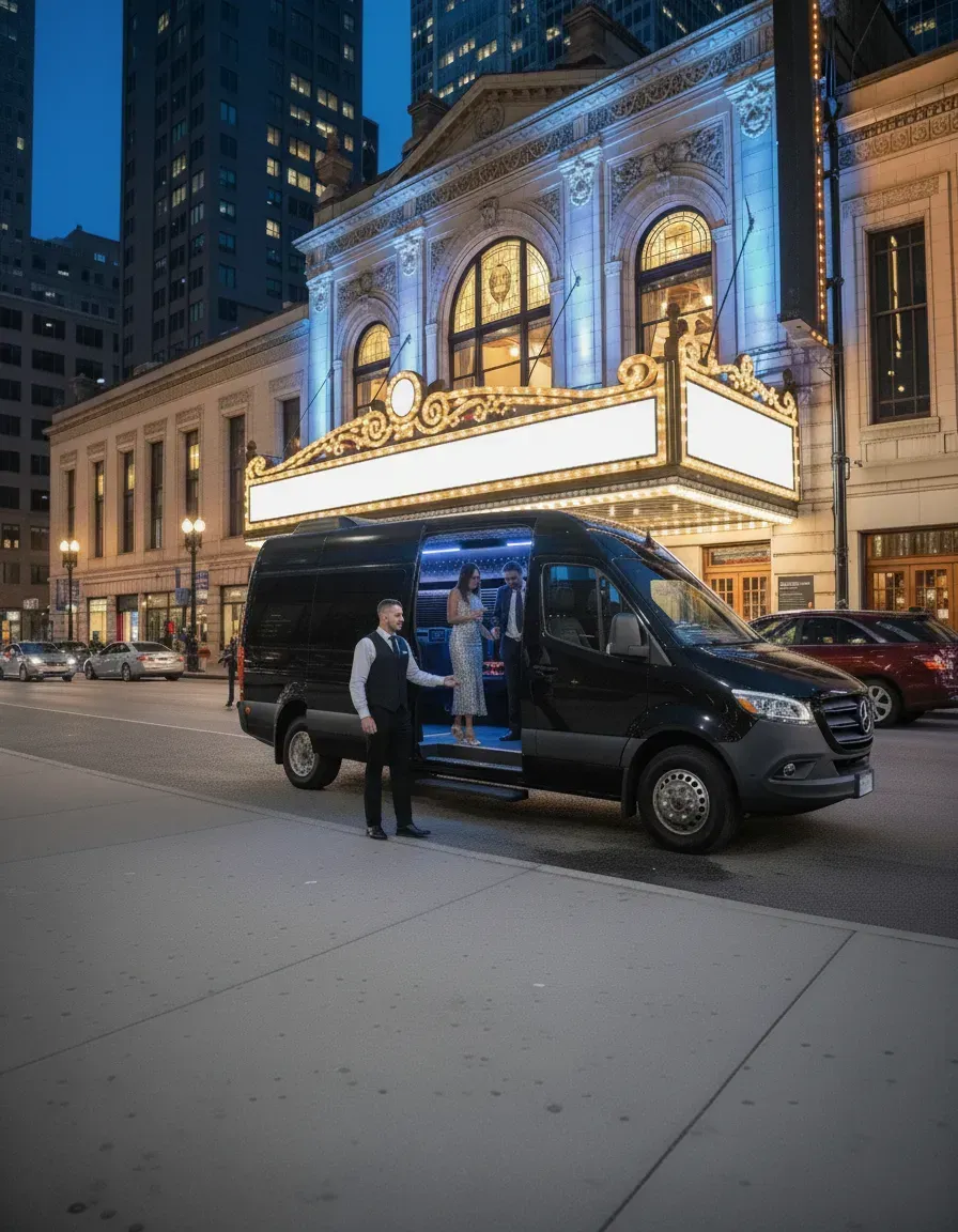 Black van parked outside a theater with a marquee. A person in a suit stands by the open door.
