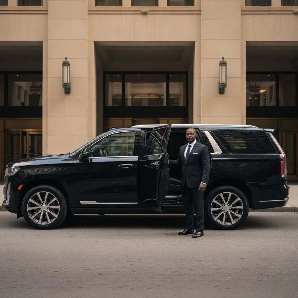 Man in suit stands beside a black SUV with open door in front of a building.
