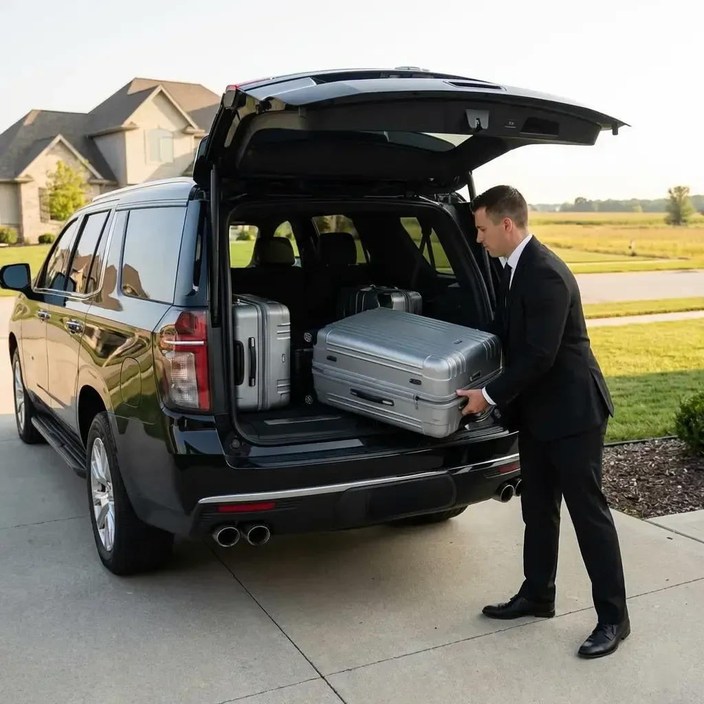 A professional driver in a black suit loads silver luggage into the trunk of a black SUV parked at a house in Campton Hills.