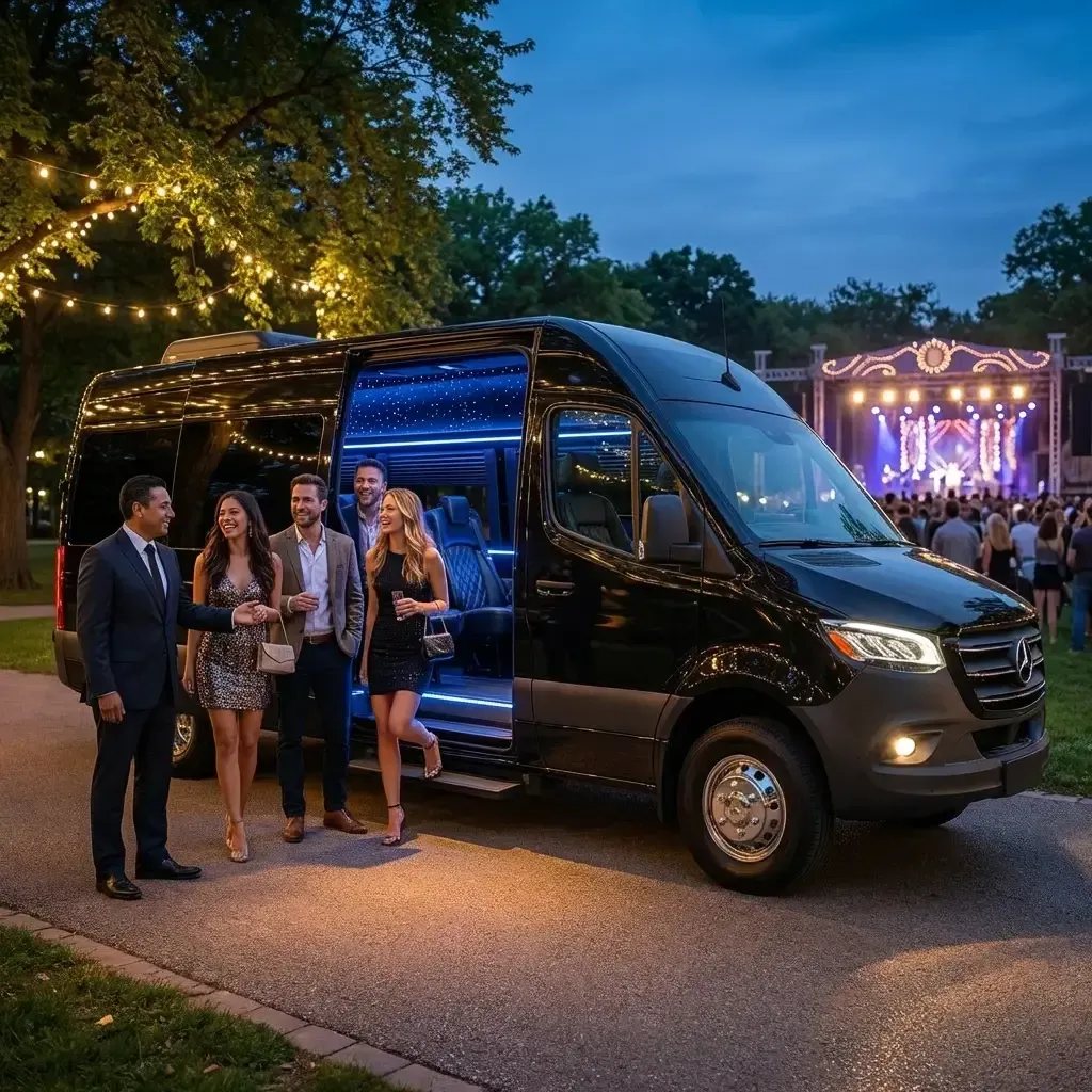 People in formal attire exit a black luxury van at an evening outdoor concert with string lights in Highland Park