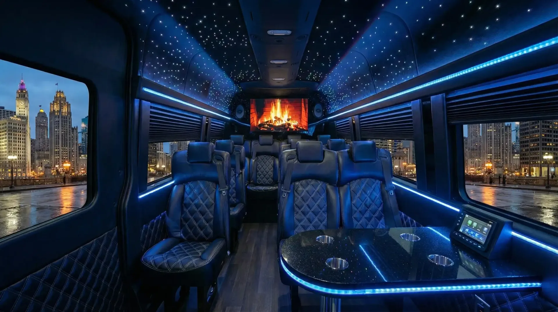 Luxurious van interior with blue LED lights, black leather seats, and a cityscape view.