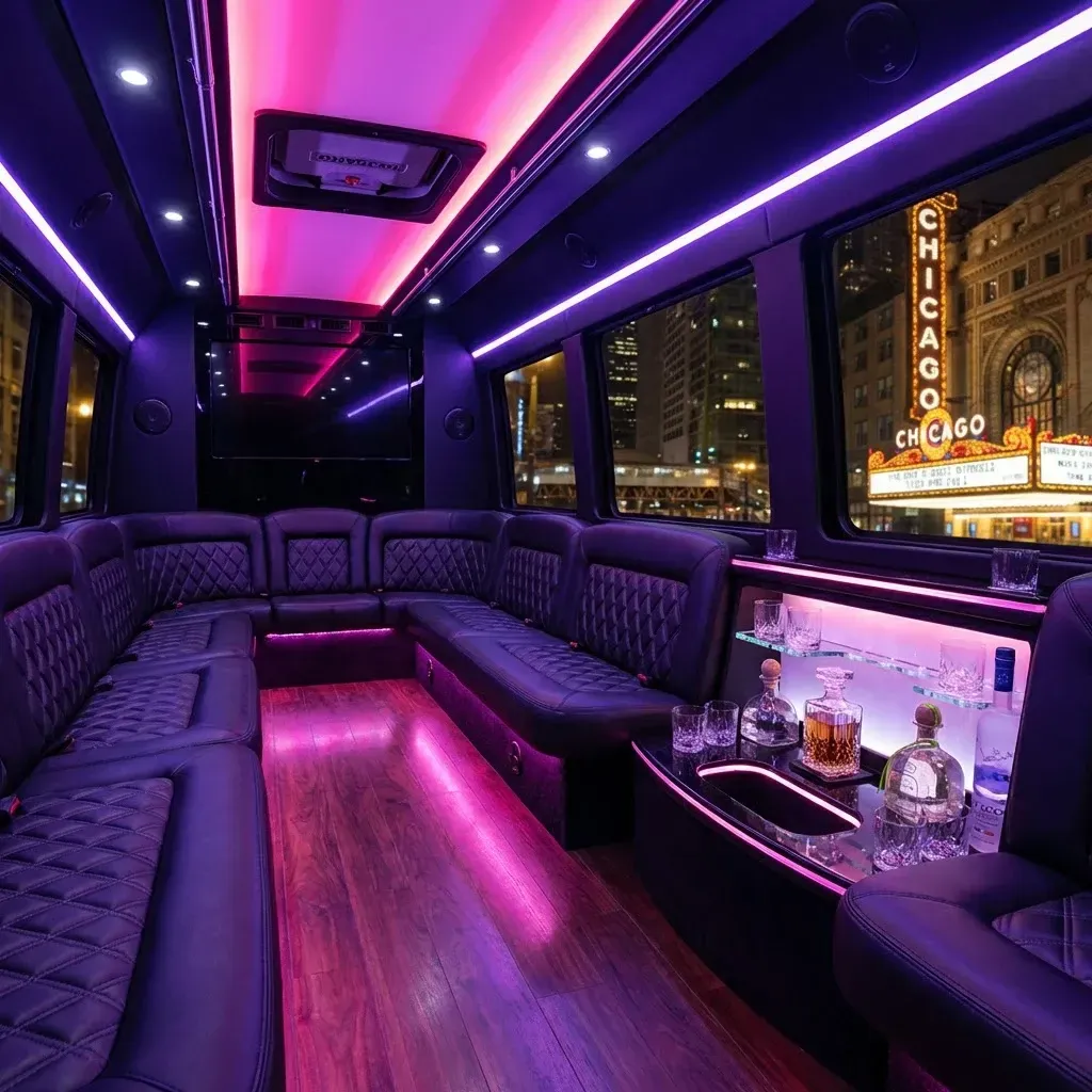 Inside a luxury party bus with purple LED lights, view of Chicago Theater through window, bar with liquor.
